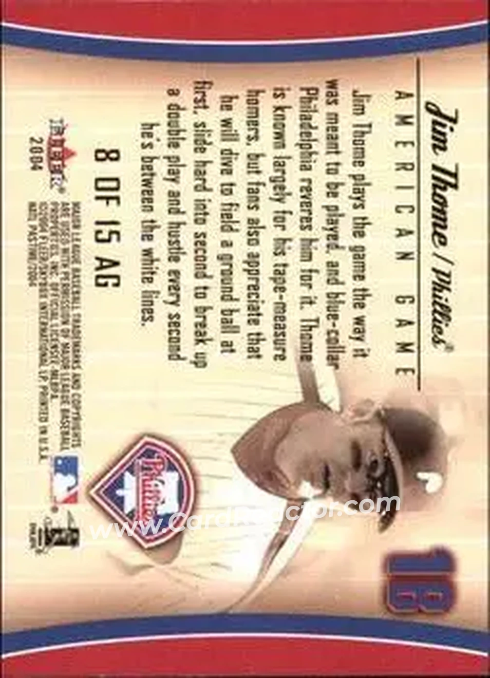 2004 Fleer National Pastime - American Game #8 AG - Jim Thome - Philadelphia Phillies - Back 2004 Fleer National Pastime - American Game #8 AG - Jim Thome - Philadelphia Phillies - Back