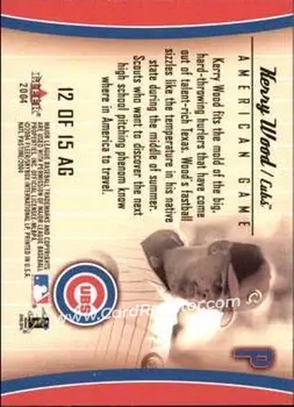 2004 Fleer National Pastime - American Game #12 AG - Kerry Wood - Chicago Cubs - Back