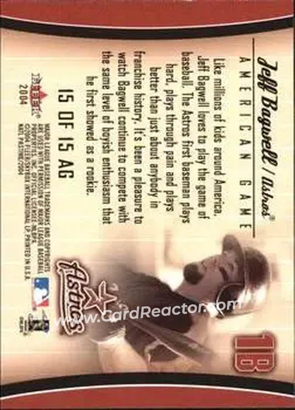 2004 Fleer National Pastime - American Game #15 AG - Jeff Bagwell - Houston Astros - Back 2004 Fleer National Pastime - American Game #15 AG - Jeff Bagwell - Houston Astros - Back