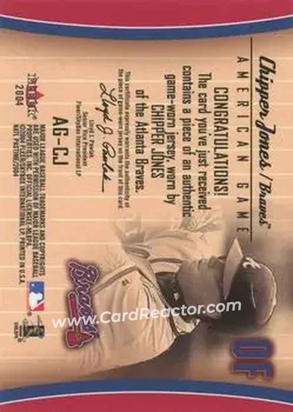 2004 Fleer National Pastime - American Game Jersey #AG-CJ - Chipper Jones - Atlanta Braves - Back 2004 Fleer National Pastime - American Game Jersey #AG-CJ - Chipper Jones - Atlanta Braves - Back