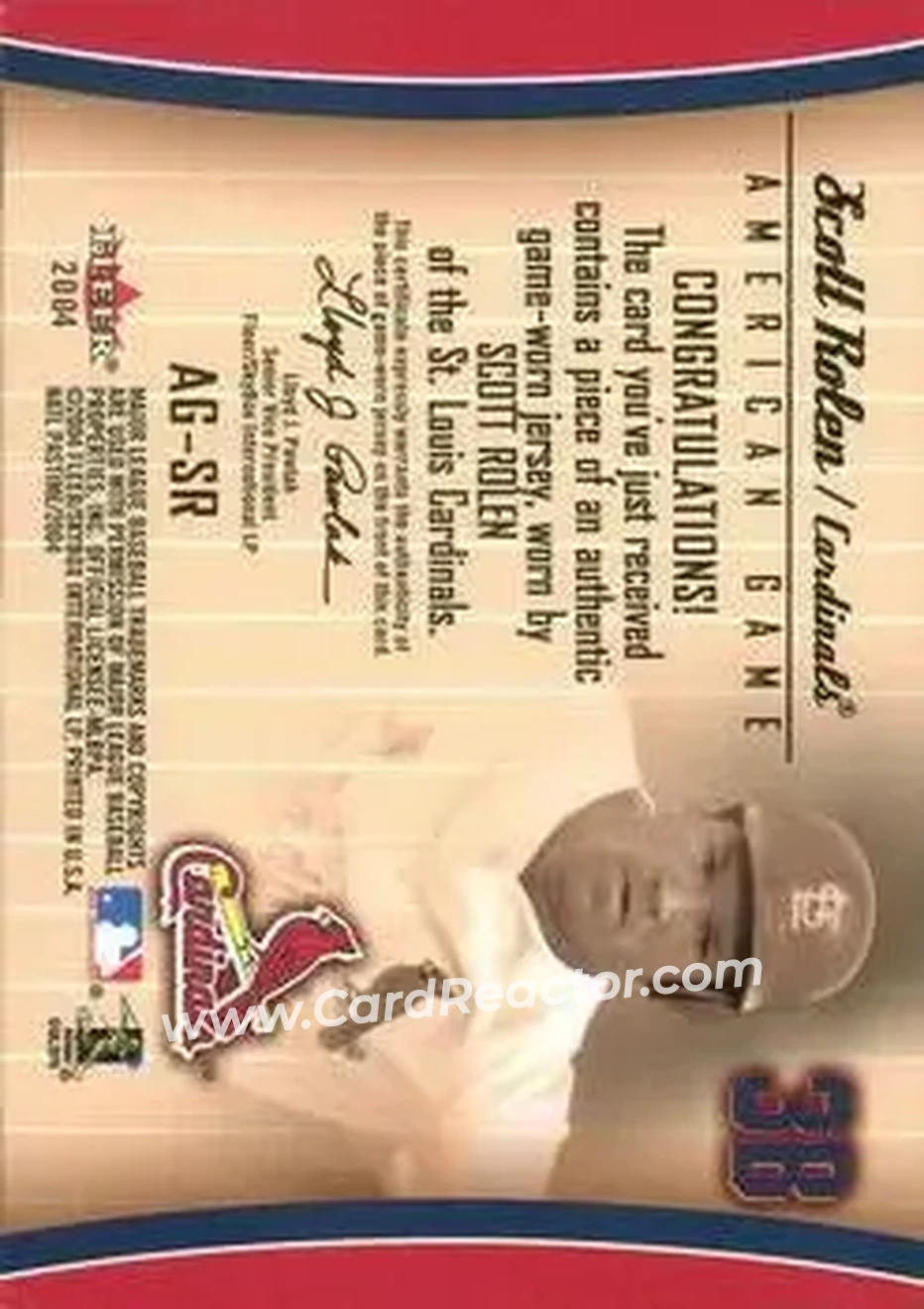 2004 Fleer National Pastime - American Game Jersey #AG-SR - Scott Rolen - St. Louis Cardinals - Back