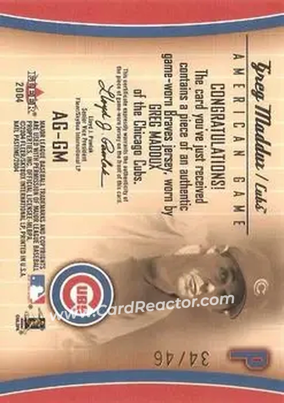 2004 Fleer National Pastime - American Game Patch #AG-GM - Greg Maddux - Atlanta Braves - Back 2004 Fleer National Pastime - American Game Patch #AG-GM - Greg Maddux - Atlanta Braves - Back