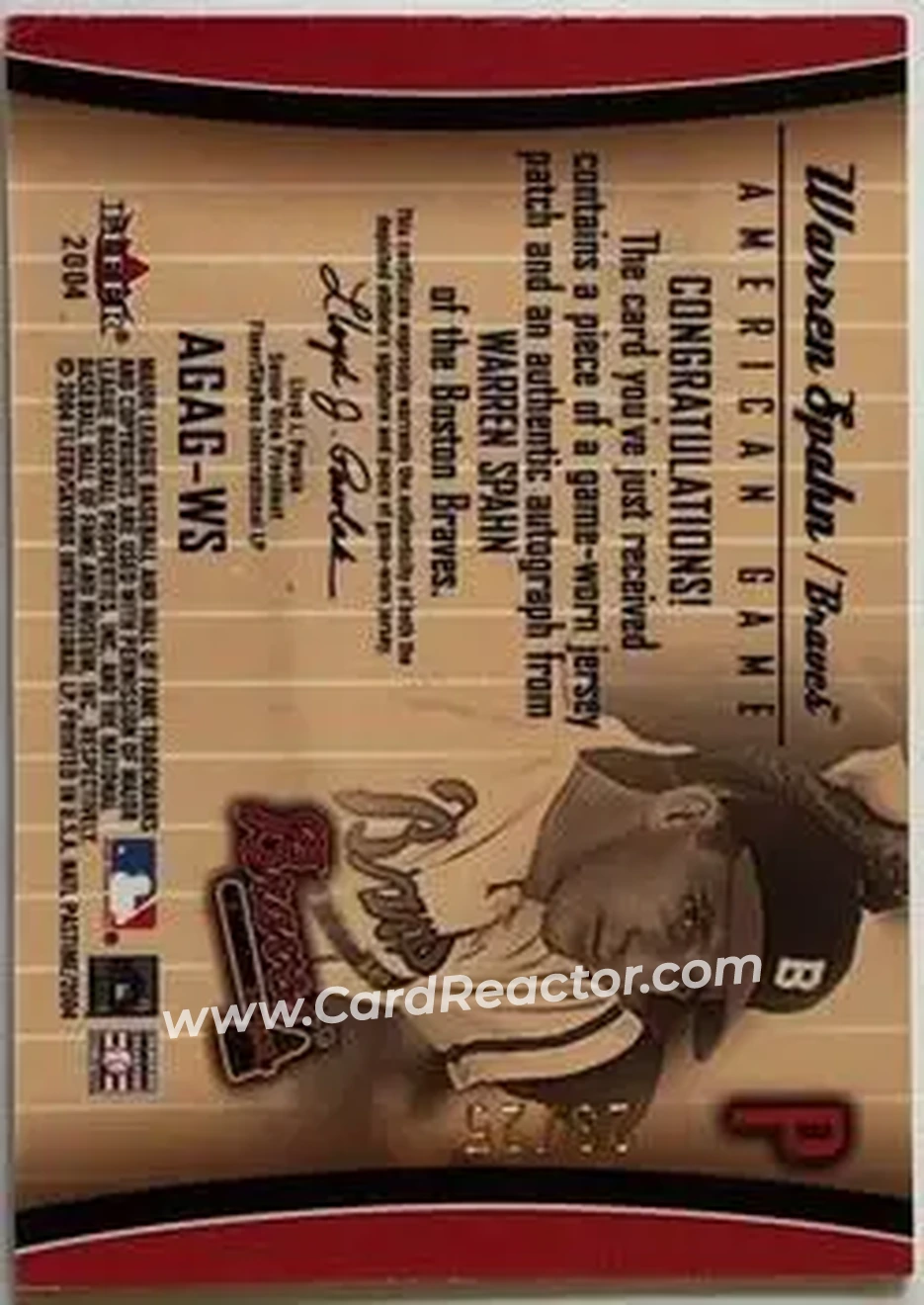 2004 Fleer National Pastime - American Game Retired GU Autograph #WS - Warren Spahn - Milwaukee Braves - Back