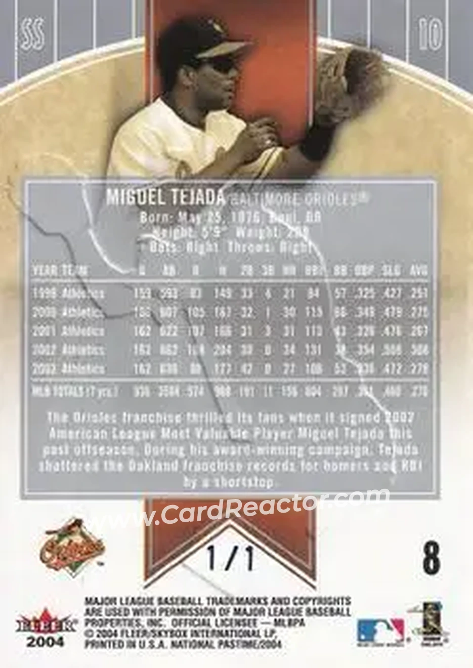 2004 Fleer National Pastime - Blue Foil #8 - Miguel Tejada - Baltimore Orioles - Back