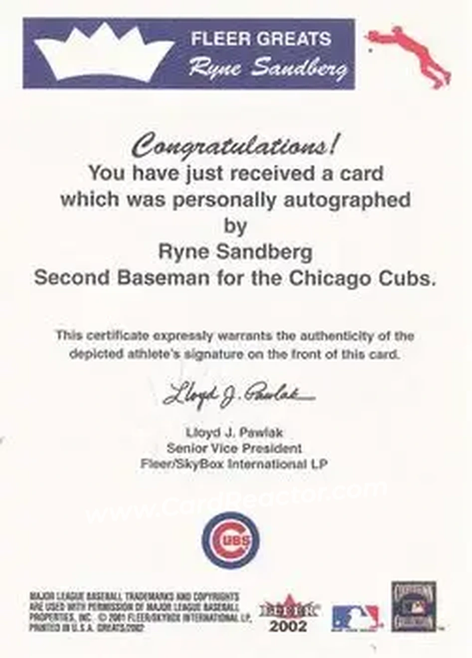 2004 Fleer National Pastime - Buyback Autographs #NNO - Ryne Sandberg - Chicago Cubs - Back 2004 Fleer National Pastime - Buyback Autographs #NNO - Ryne Sandberg - Chicago Cubs - Back