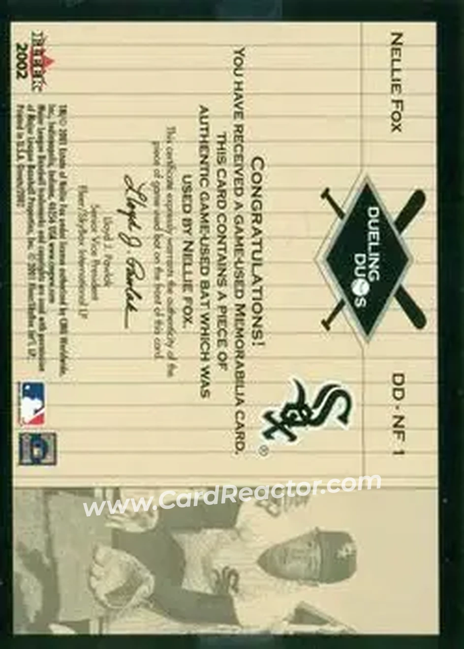 2004 Fleer National Pastime - Buyback Game Used #DD-NF1 - Nellie Fox - Rocky Colavito MEM, SN15 - Chicago White Sox - Cleveland Indians - Back