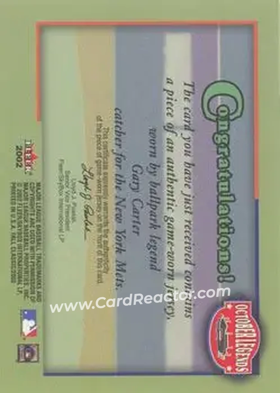 2004 Fleer National Pastime - Buyback Game Used #NNO - Gary Carter - New York Mets - Back 2004 Fleer National Pastime - Buyback Game Used #NNO - Gary Carter - New York Mets - Back