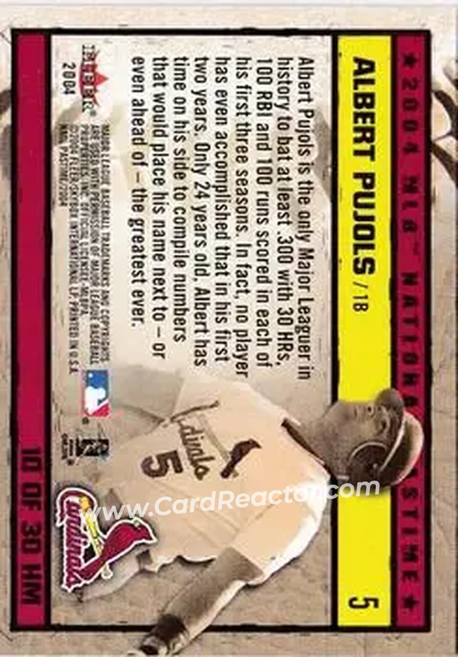 2004 Fleer National Pastime - History in the Making #10HM - Albert Pujols - St. Louis Cardinals - Back