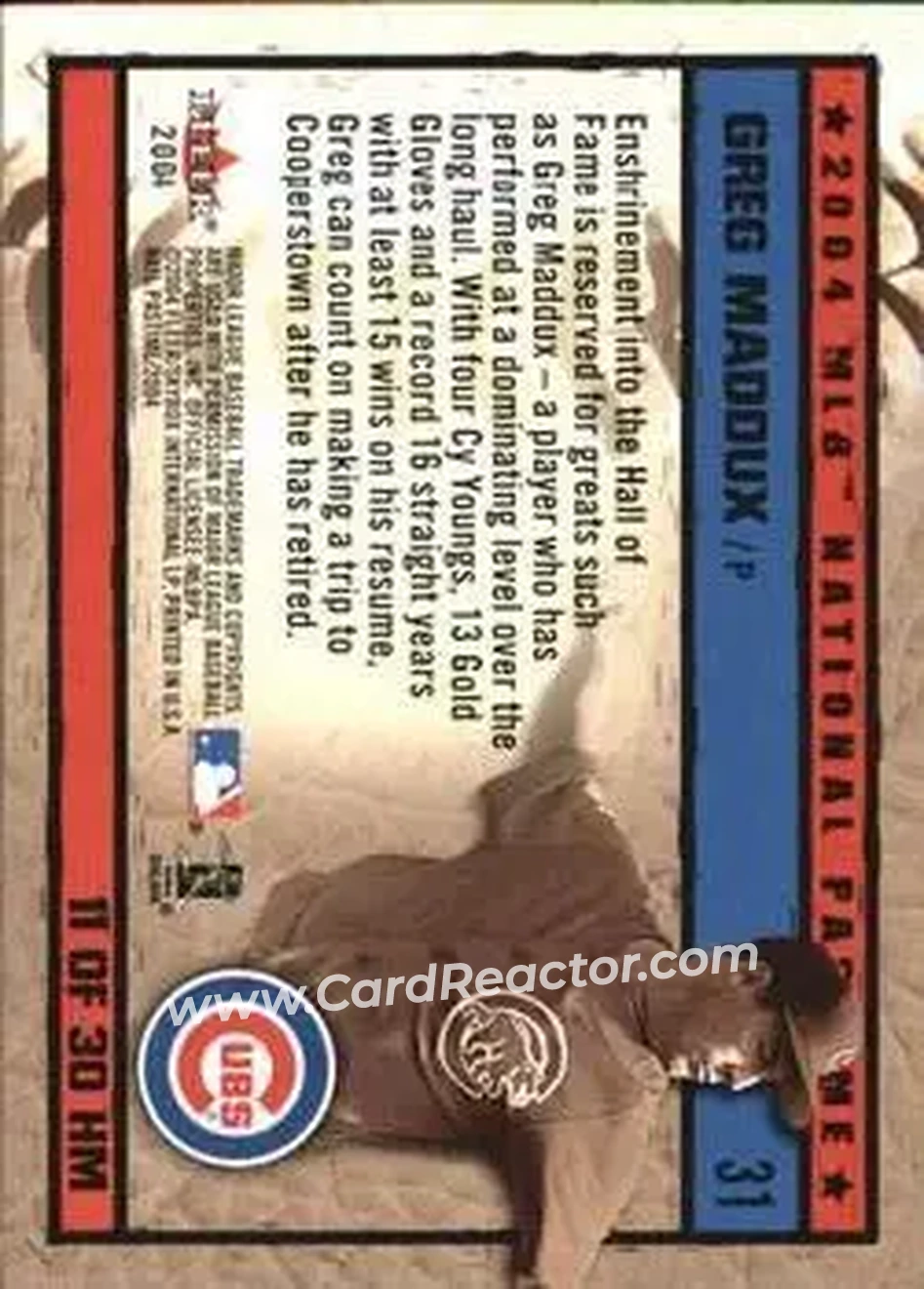 2004 Fleer National Pastime - History in the Making #11HM - Greg Maddux - Chicago Cubs - Back 2004 Fleer National Pastime - History in the Making #11HM - Greg Maddux - Chicago Cubs - Back