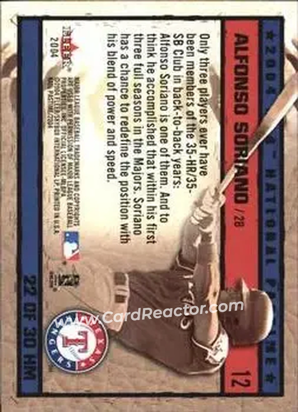 2004 Fleer National Pastime - History in the Making #22HM - Alfonso Soriano - Texas Rangers - Back 2004 Fleer National Pastime - History in the Making #22HM - Alfonso Soriano - Texas Rangers - Back