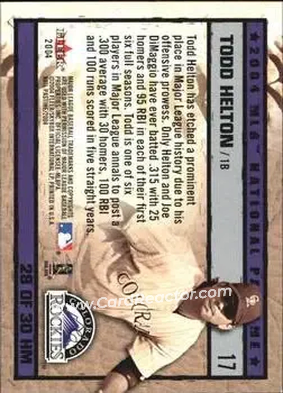 2004 Fleer National Pastime - History in the Making #28HM - Todd Helton - Colorado Rockies - Back