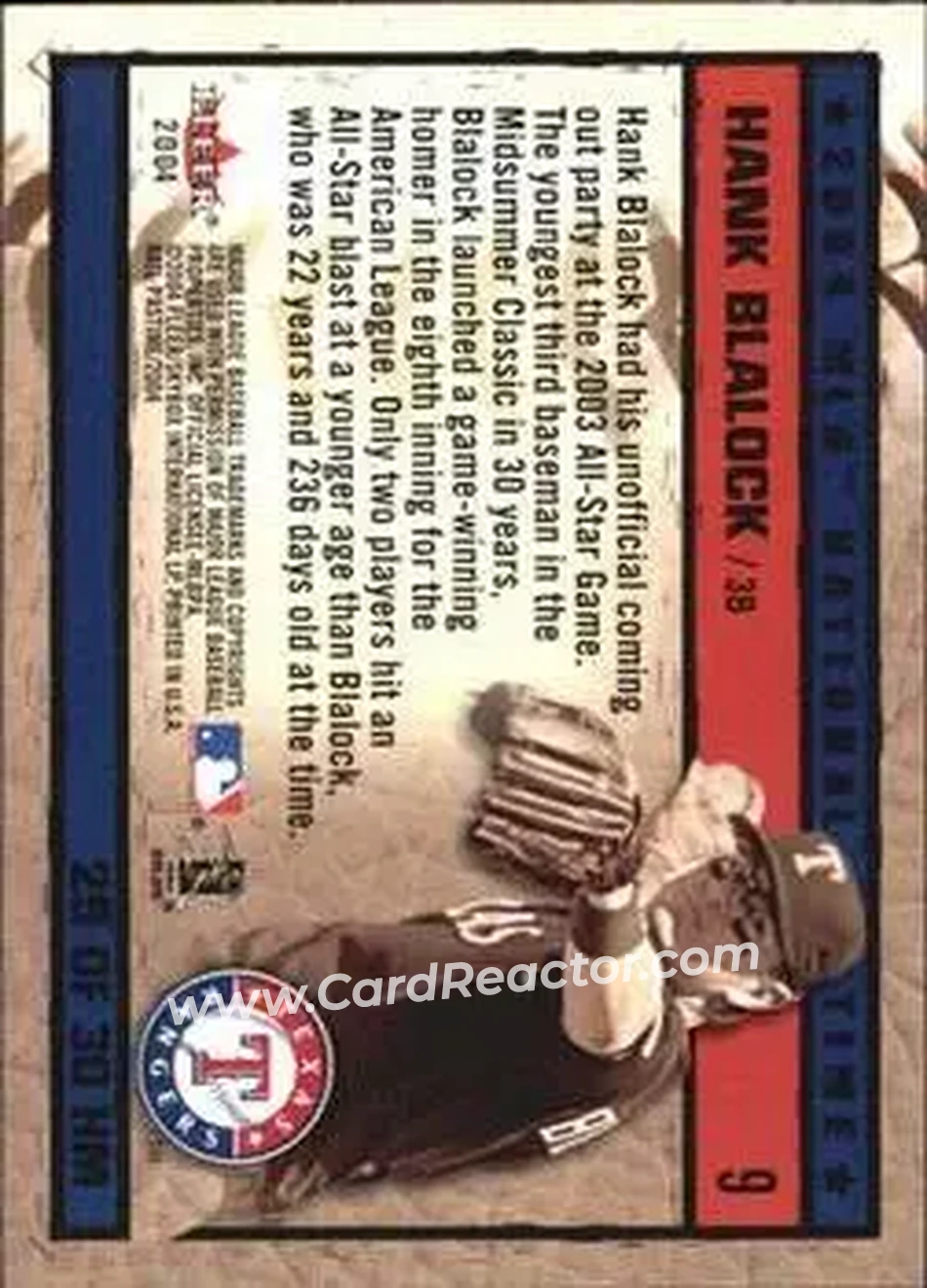 2004 Fleer National Pastime - History in the Making #29HM - Hank Blalock - Texas Rangers - Back 2004 Fleer National Pastime - History in the Making #29HM - Hank Blalock - Texas Rangers - Back