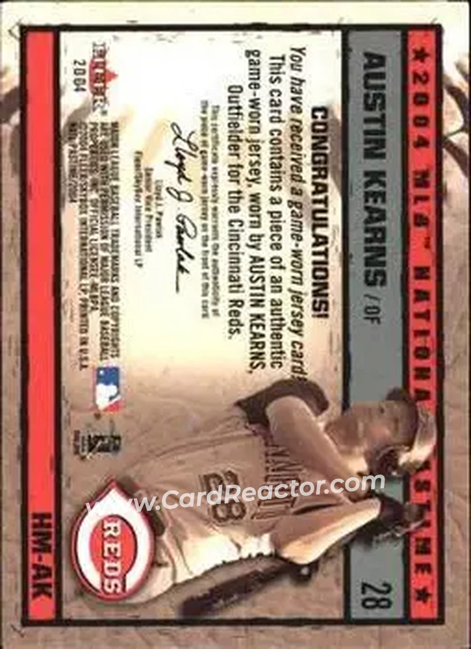 2004 Fleer National Pastime - History in the Making Jersey #HM-AK - Austin Kearns - Cincinnati Reds - Back