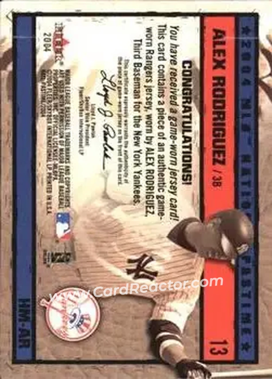 2004 Fleer National Pastime - History in the Making Jersey #HM-AR - Alex Rodriguez - New York Yankees - Back