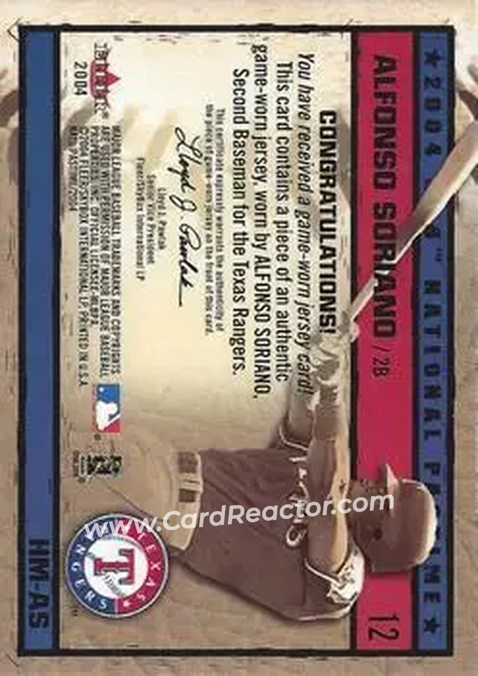 2004 Fleer National Pastime - History in the Making Jersey #HM-AS - Alfonso Soriano - Texas Rangers - Back