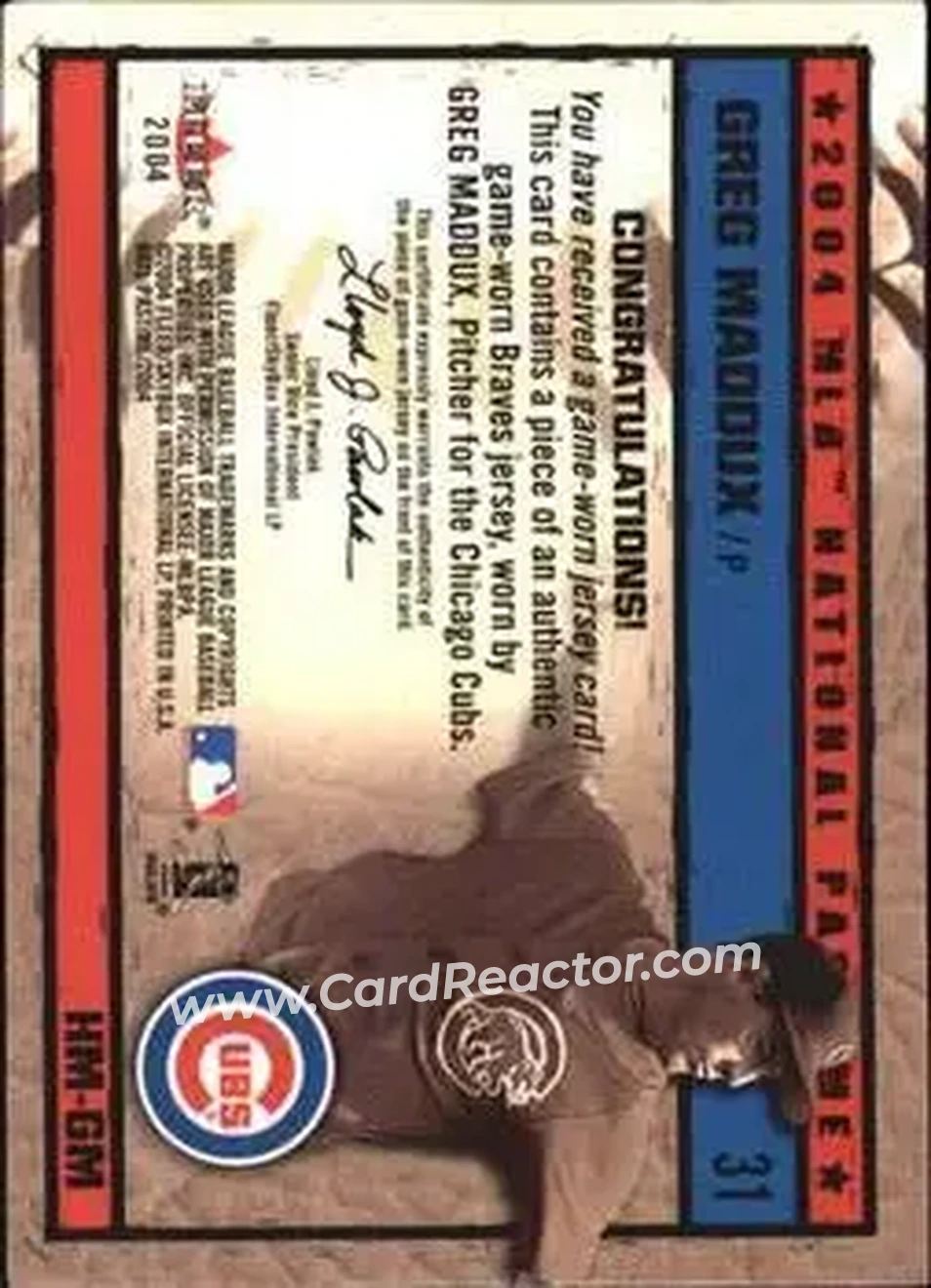 2004 Fleer National Pastime - History in the Making Jersey #HM-GM - Greg Maddux - Chicago Cubs - Back
