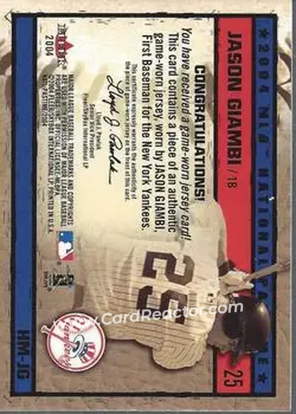 2004 Fleer National Pastime - History in the Making Jersey #HM-JG - Jason Giambi - New York Yankees - Back