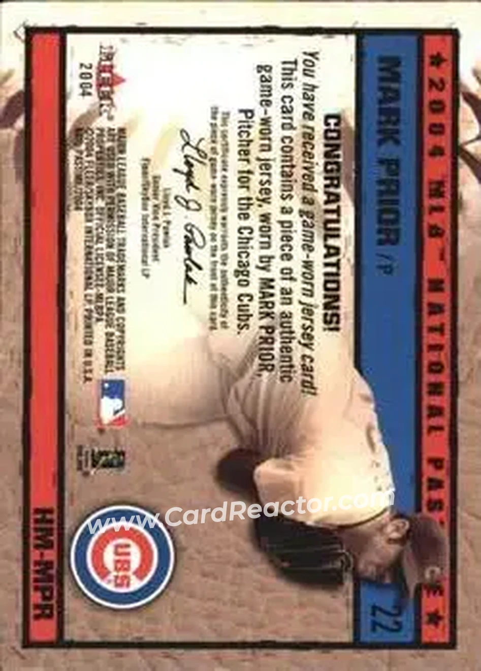 2004 Fleer National Pastime - History in the Making Jersey #HM-MPR - Mark Prior - Chicago Cubs - Back