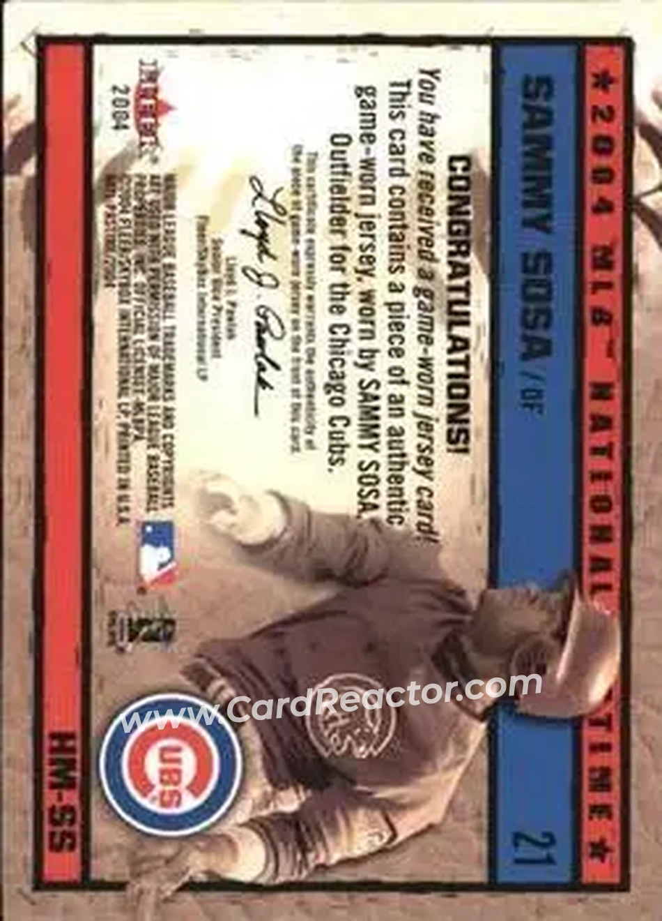 2004 Fleer National Pastime - History in the Making Jersey #HM-SS - Sammy Sosa - Chicago Cubs - Back