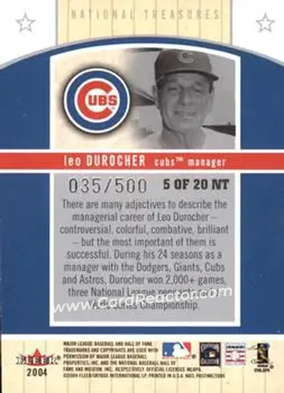 2004 Fleer National Pastime - National Treasures #5NT - Leo Durocher - Chicago Cubs - Back