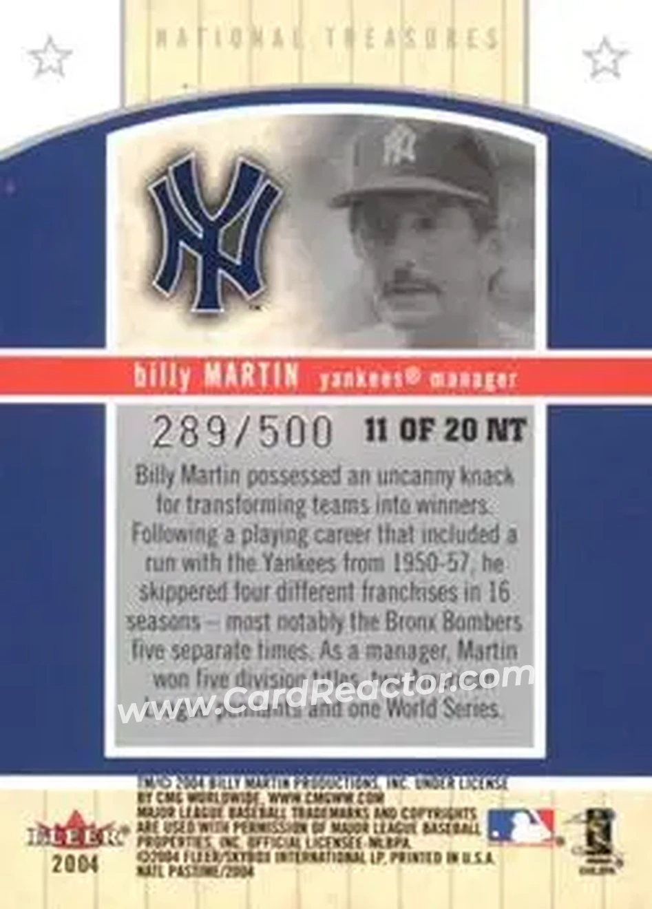 2004 Fleer National Pastime - National Treasures #11NT - Billy Martin - New York Yankees - Back