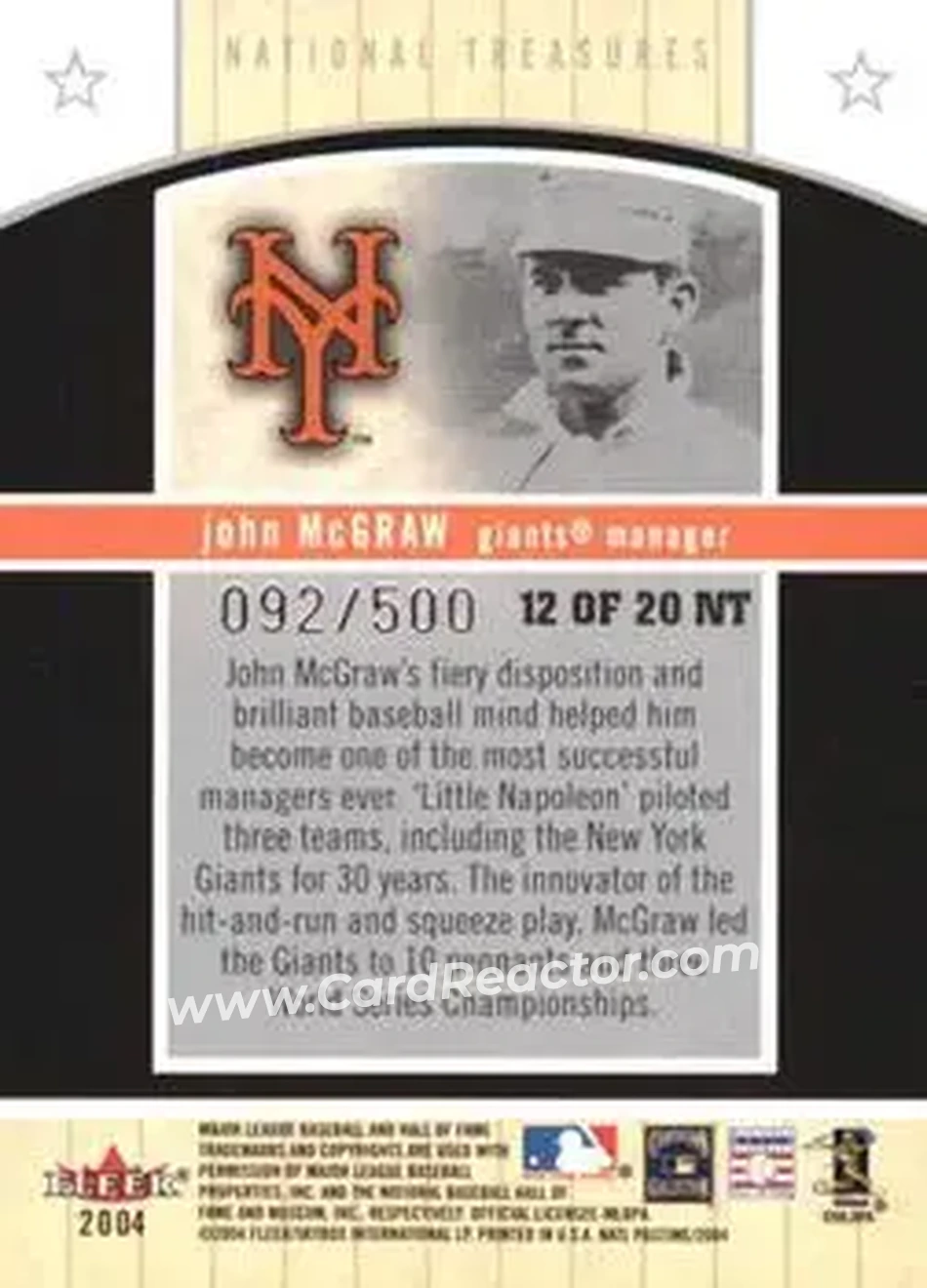 2004 Fleer National Pastime - National Treasures #12NT - John McGraw - New York Giants - Back