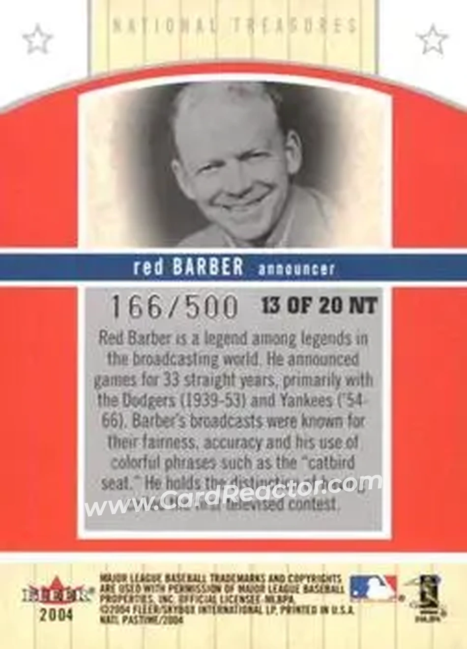 2004 Fleer National Pastime - National Treasures #13NT - Red Barber - Back