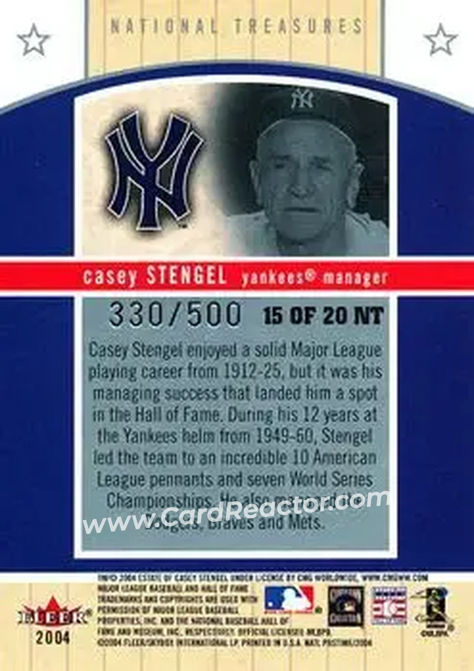 2004 Fleer National Pastime - National Treasures #15NT - Casey Stengel - New York Yankees - Back
