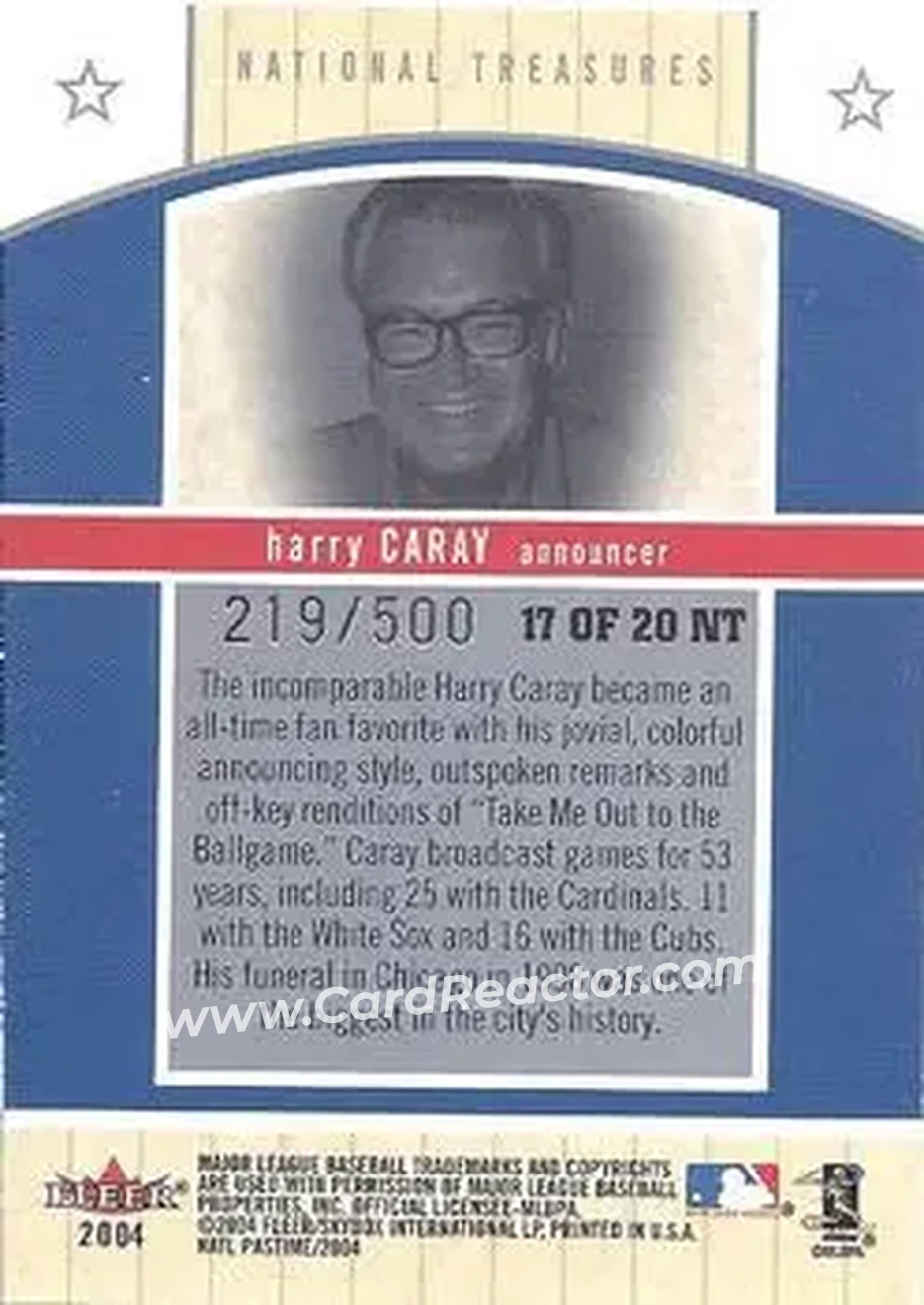 2004 Fleer National Pastime - National Treasures #17NT - Harry Caray - Back