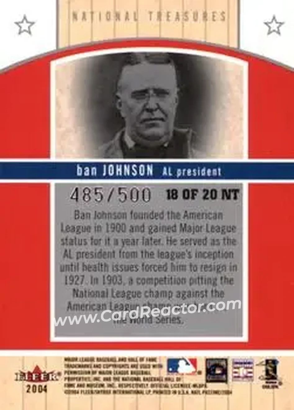 2004 Fleer National Pastime - National Treasures #18NT - Ban Johnson - Back 2004 Fleer National Pastime - National Treasures #18NT - Ban Johnson - Back