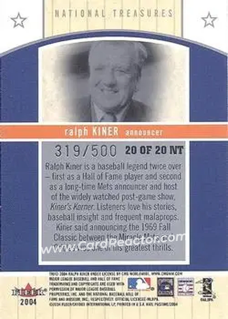 2004 Fleer National Pastime - National Treasures #20NT - Ralph Kiner - New York Mets - Back