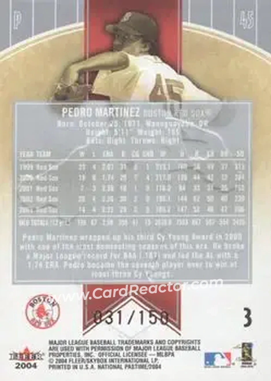 2004 Fleer National Pastime - Red Foil #3 - Pedro Martinez - Boston Red Sox - Back 2004 Fleer National Pastime - Red Foil #3 - Pedro Martinez - Boston Red Sox - Back