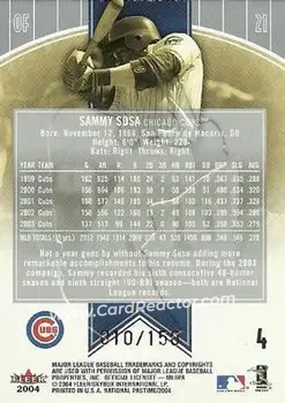 2004 Fleer National Pastime - Red Foil #4 - Sammy Sosa - Chicago Cubs - Back 2004 Fleer National Pastime - Red Foil #4 - Sammy Sosa - Chicago Cubs - Back