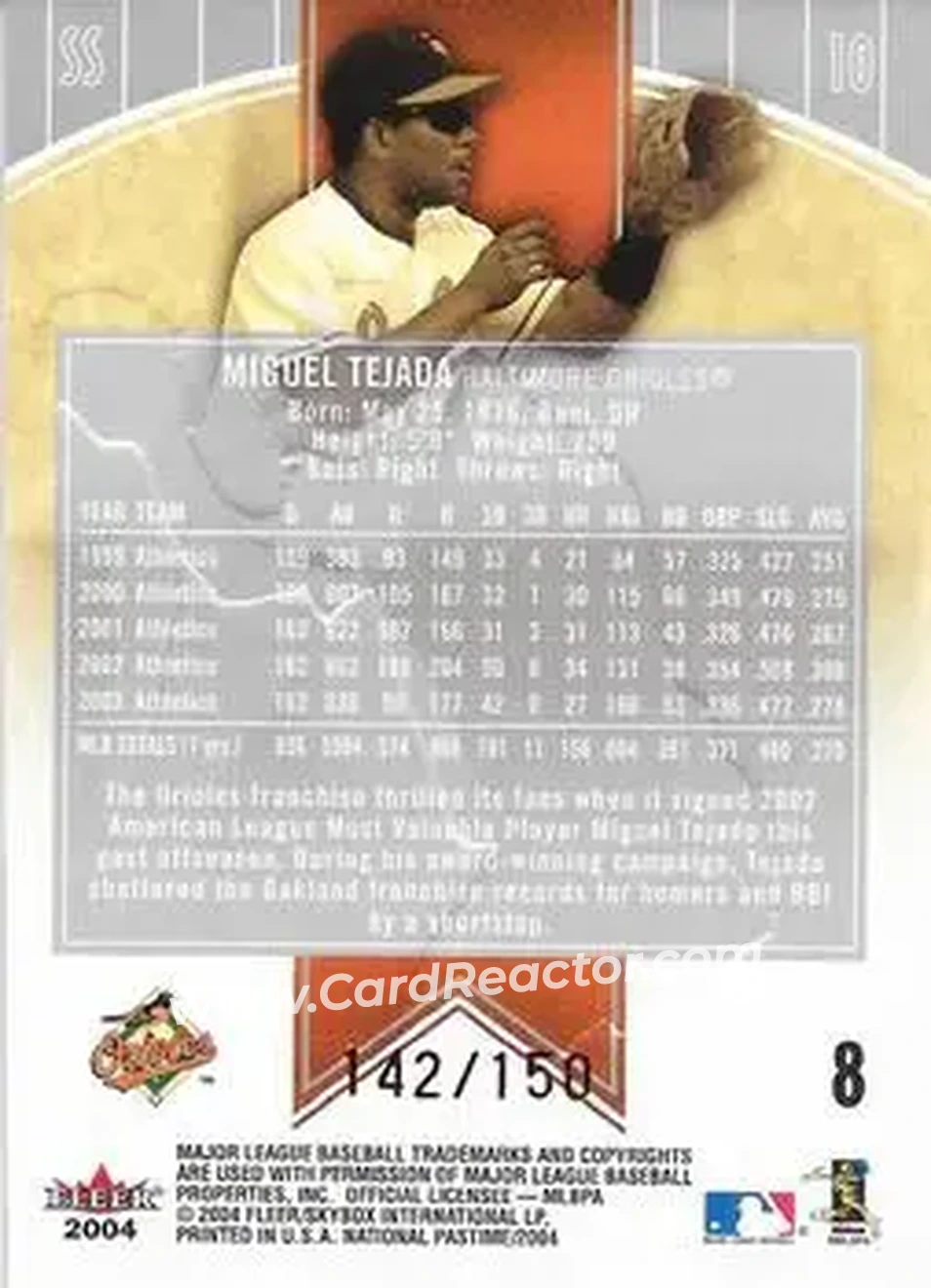 2004 Fleer National Pastime - Red Foil #8 - Miguel Tejada - Baltimore Orioles - Back 2004 Fleer National Pastime - Red Foil #8 - Miguel Tejada - Baltimore Orioles - Back