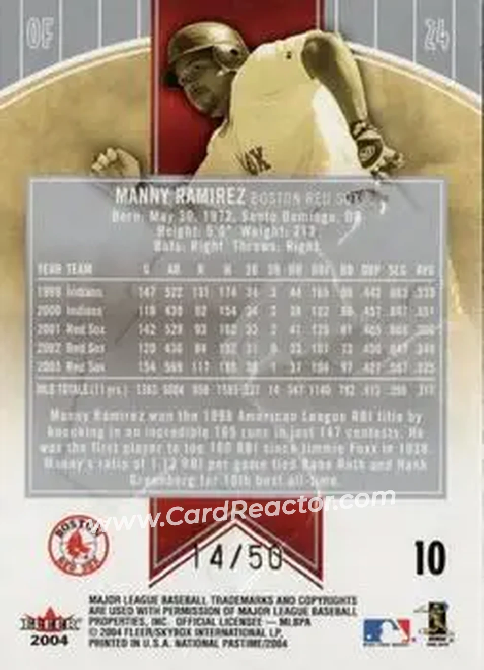 2004 Fleer National Pastime - Red Foil #10 - Manny Ramirez - Boston Red Sox - Back