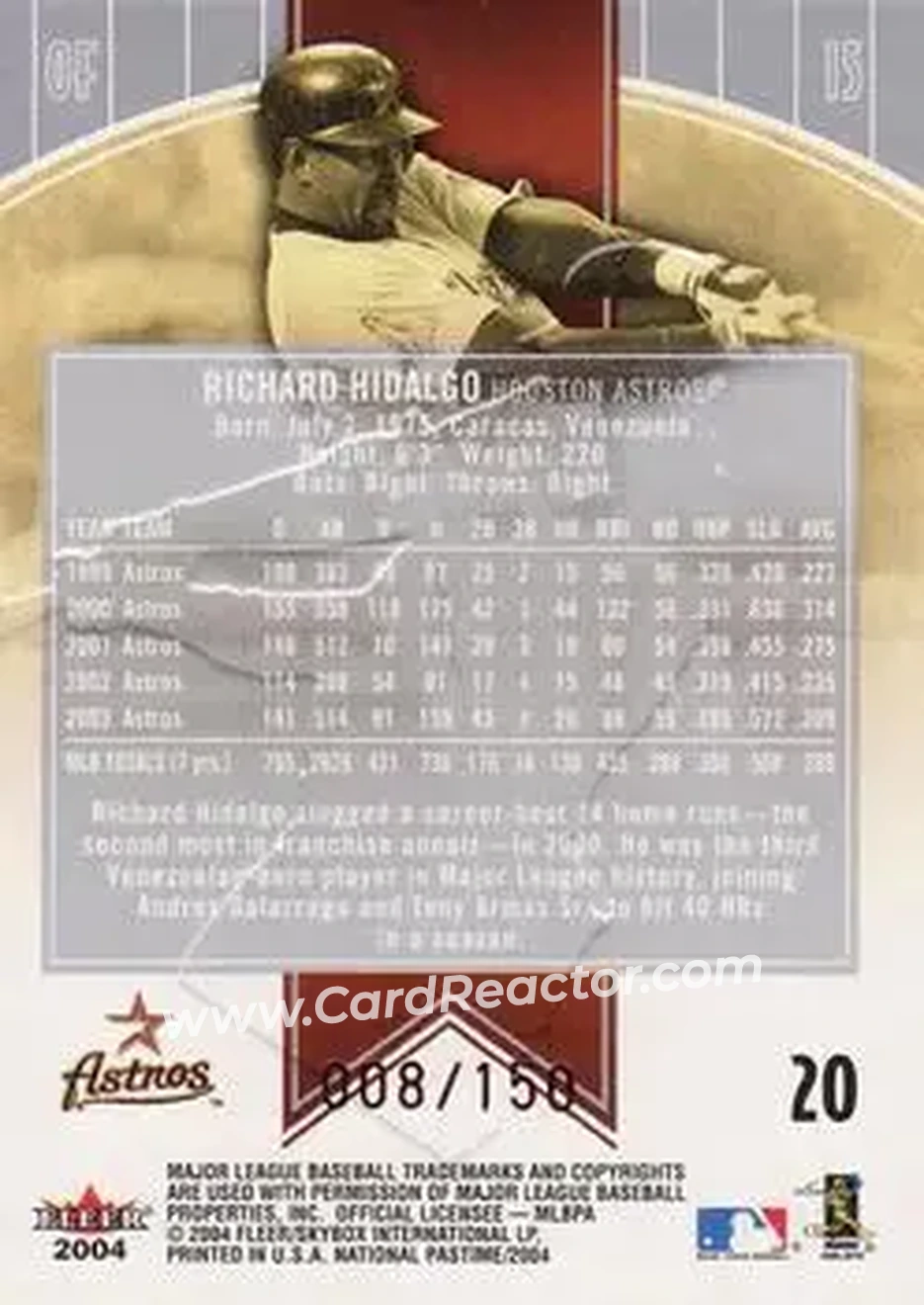2004 Fleer National Pastime - Red Foil #20 - Richard Hidalgo - Houston Astros - Back 2004 Fleer National Pastime - Red Foil #20 - Richard Hidalgo - Houston Astros - Back