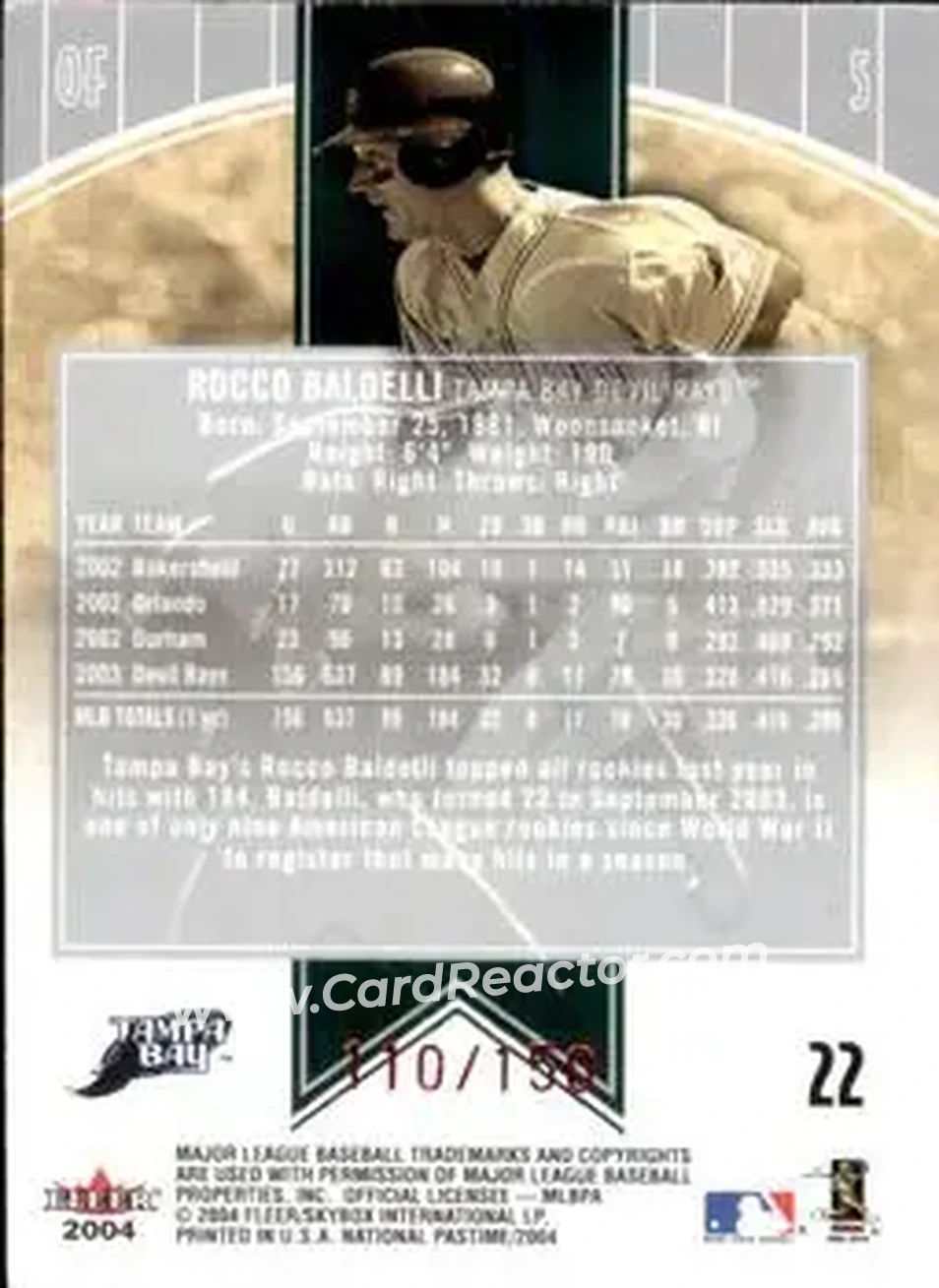 2004 Fleer National Pastime - Red Foil #22 - Rocco Baldelli - Tampa Bay Devil Rays - Back