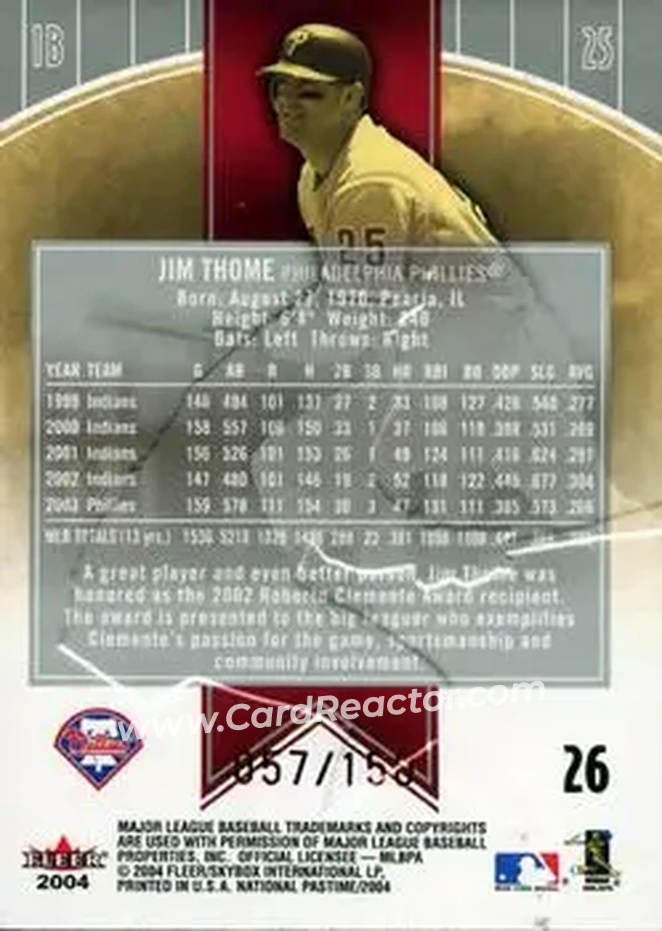 2004 Fleer National Pastime - Red Foil #26 - Jim Thome - Philadelphia Phillies - Back