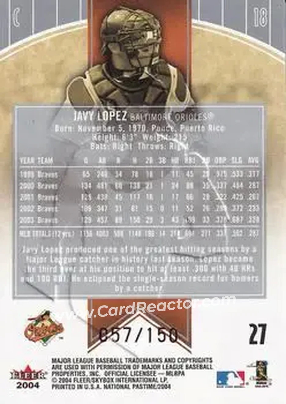 2004 Fleer National Pastime - Red Foil #27 - Javier Lopez - Baltimore Orioles - Back