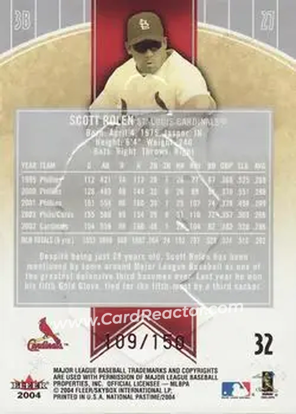 2004 Fleer National Pastime - Red Foil #32 - Scott Rolen - St. Louis Cardinals - Back 2004 Fleer National Pastime - Red Foil #32 - Scott Rolen - St. Louis Cardinals - Back