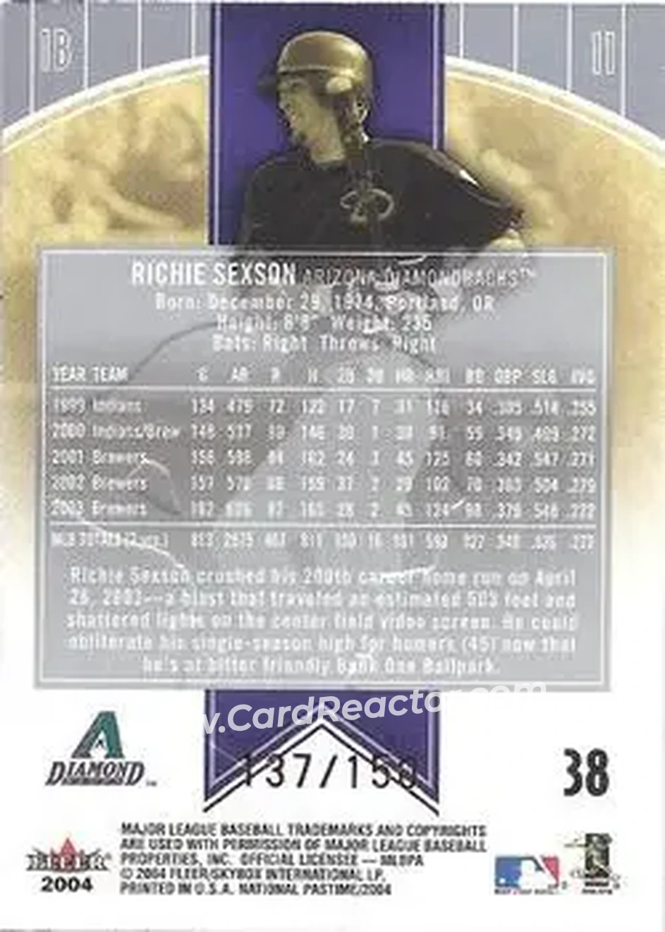 2004 Fleer National Pastime - Red Foil #38 - Richie Sexson - Arizona Diamondbacks - Back 2004 Fleer National Pastime - Red Foil #38 - Richie Sexson - Arizona Diamondbacks - Back