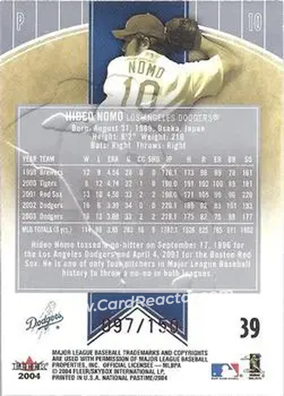 2004 Fleer National Pastime - Red Foil #39 - Hideo Nomo - Los Angeles Dodgers - Back 2004 Fleer National Pastime - Red Foil #39 - Hideo Nomo - Los Angeles Dodgers - Back