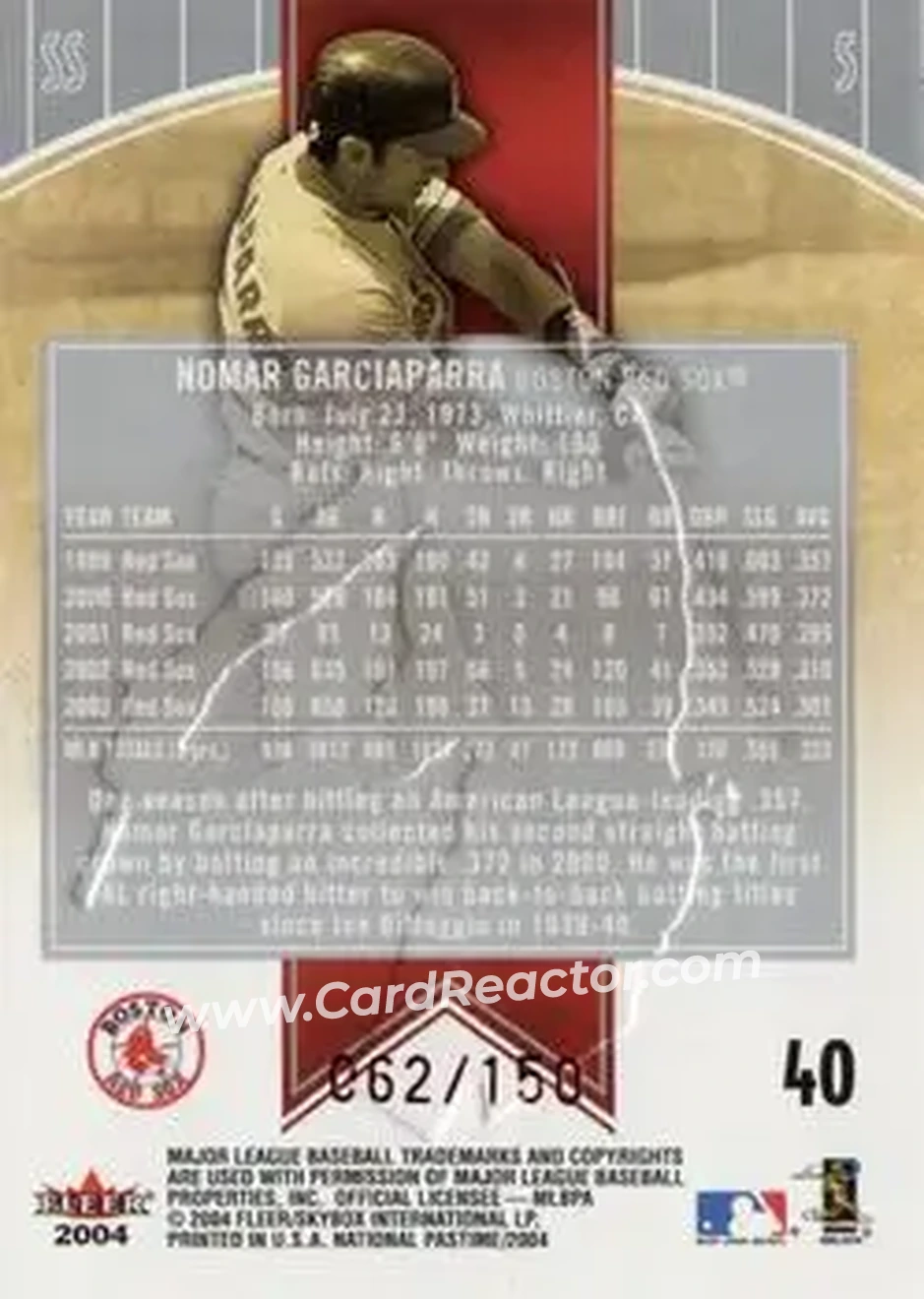 2004 Fleer National Pastime - Red Foil #40 - Nomar Garciaparra - Boston Red Sox - Back 2004 Fleer National Pastime - Red Foil #40 - Nomar Garciaparra - Boston Red Sox - Back