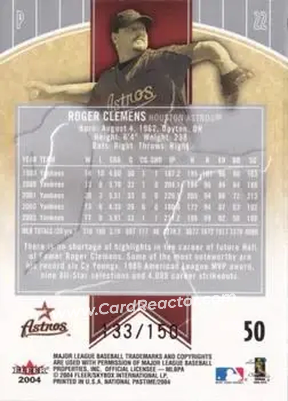 2004 Fleer National Pastime - Red Foil #50 - Roger Clemens - Houston Astros - Back
