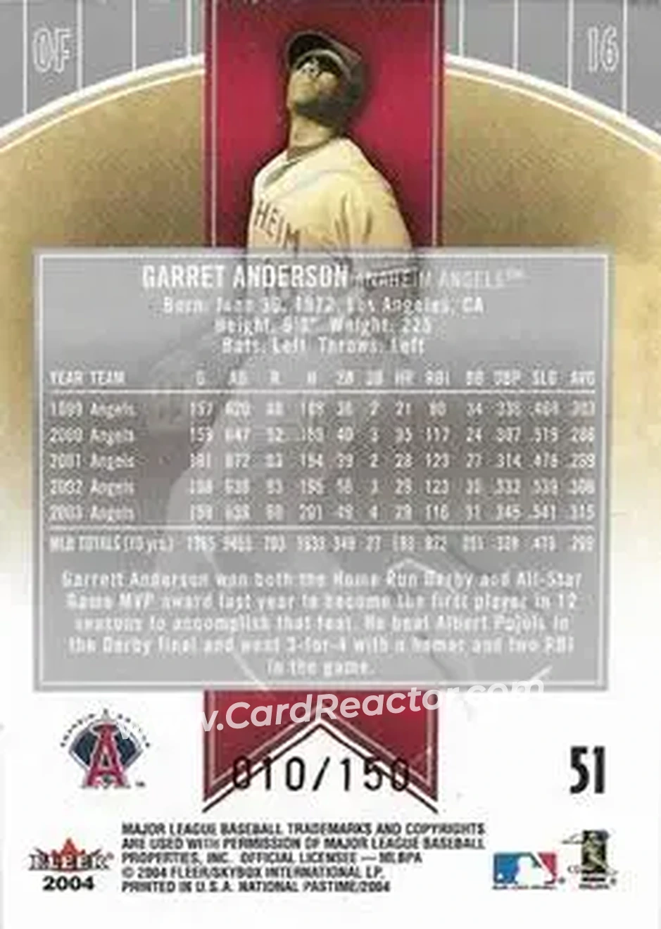 2004 Fleer National Pastime - Red Foil #51 - Garret Anderson - Anaheim Angels - Back