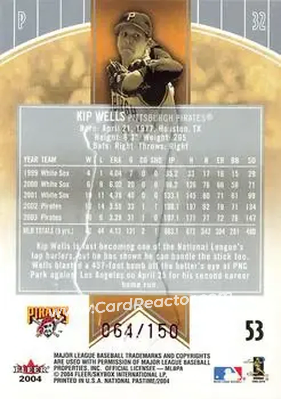 2004 Fleer National Pastime - Red Foil #53 - Kip Wells - Pittsburgh Pirates - Back