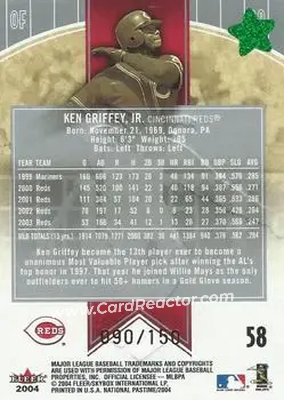 2004 Fleer National Pastime - Red Foil #58 - Ken Griffey Jr. - Cincinnati Reds - Back 2004 Fleer National Pastime - Red Foil #58 - Ken Griffey Jr. - Cincinnati Reds - Back