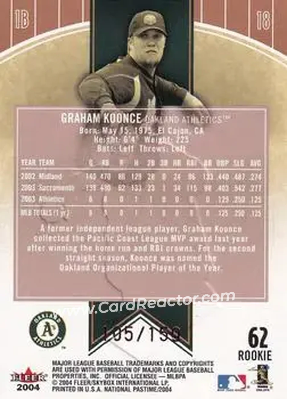 2004 Fleer National Pastime - Red Foil #62 - Graham Koonce - Oakland Athletics - Back 2004 Fleer National Pastime - Red Foil #62 - Graham Koonce - Oakland Athletics - Back