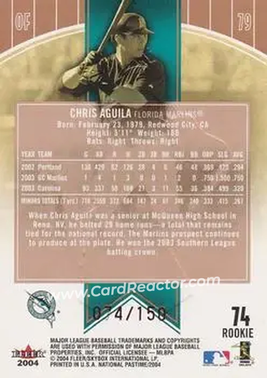 2004 Fleer National Pastime - Red Foil #74 - Chris Aguila - Florida Marlins - Back