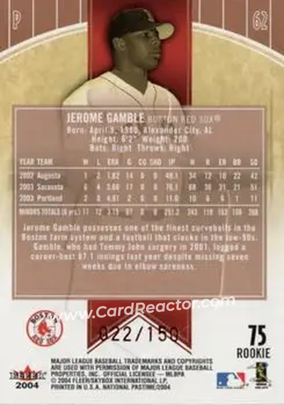 2004 Fleer National Pastime - Red Foil #75 - Jerome Gamble - Boston Red Sox - Back